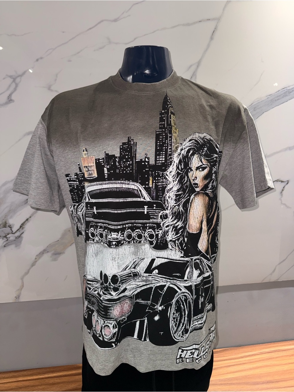 Hellstar Gray Graphic Crewneck T-Shirt with Car & City Print